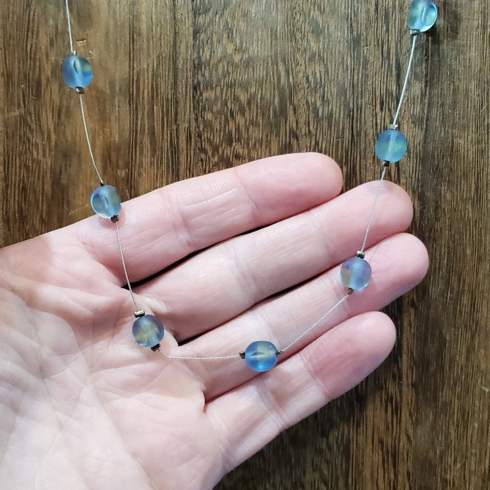 17 Inch 925 Sterling Silver Cute Blue Green Plastic Beads Necklace